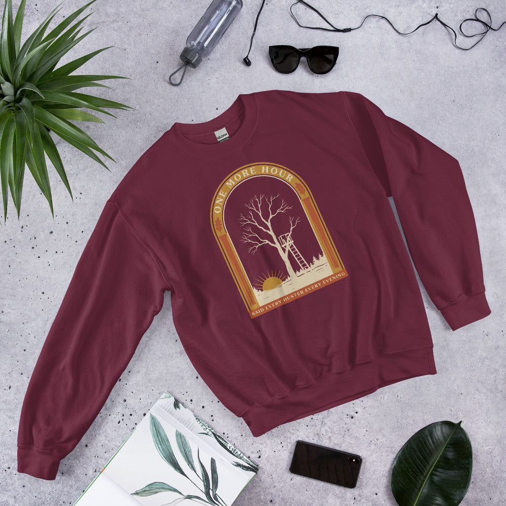 One More Hour funny deer hunting crewneck — Maroon, front-right