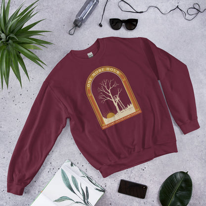 One More Hour funny deer hunting crewneck — Maroon, front-right