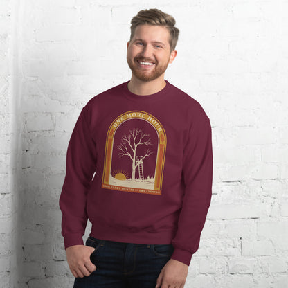 One More Hour funny deer hunting crewneck — Maroon, on model