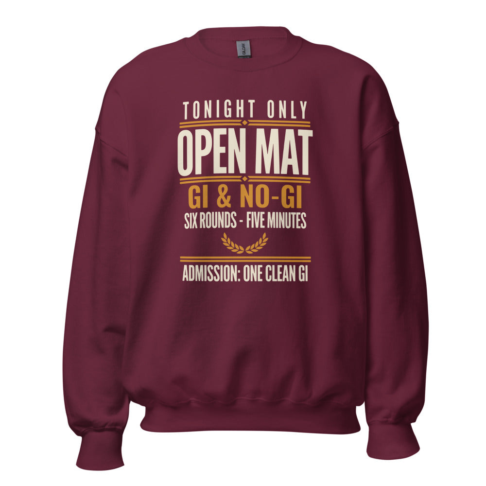 Open Mat Tonight Brazilian jiu jitsu crewneck sweatshirt — Maroon, front