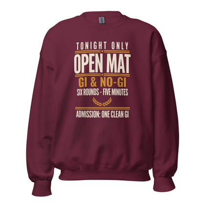 Open Mat Tonight Brazilian jiu jitsu crewneck sweatshirt — Maroon, front