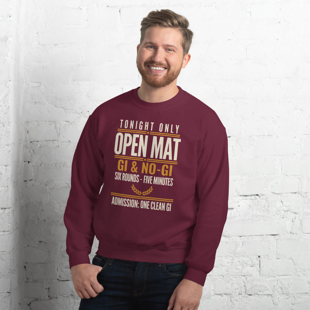 Open Mat Tonight Brazilian jiu jitsu crewneck sweatshirt — Maroon, on model