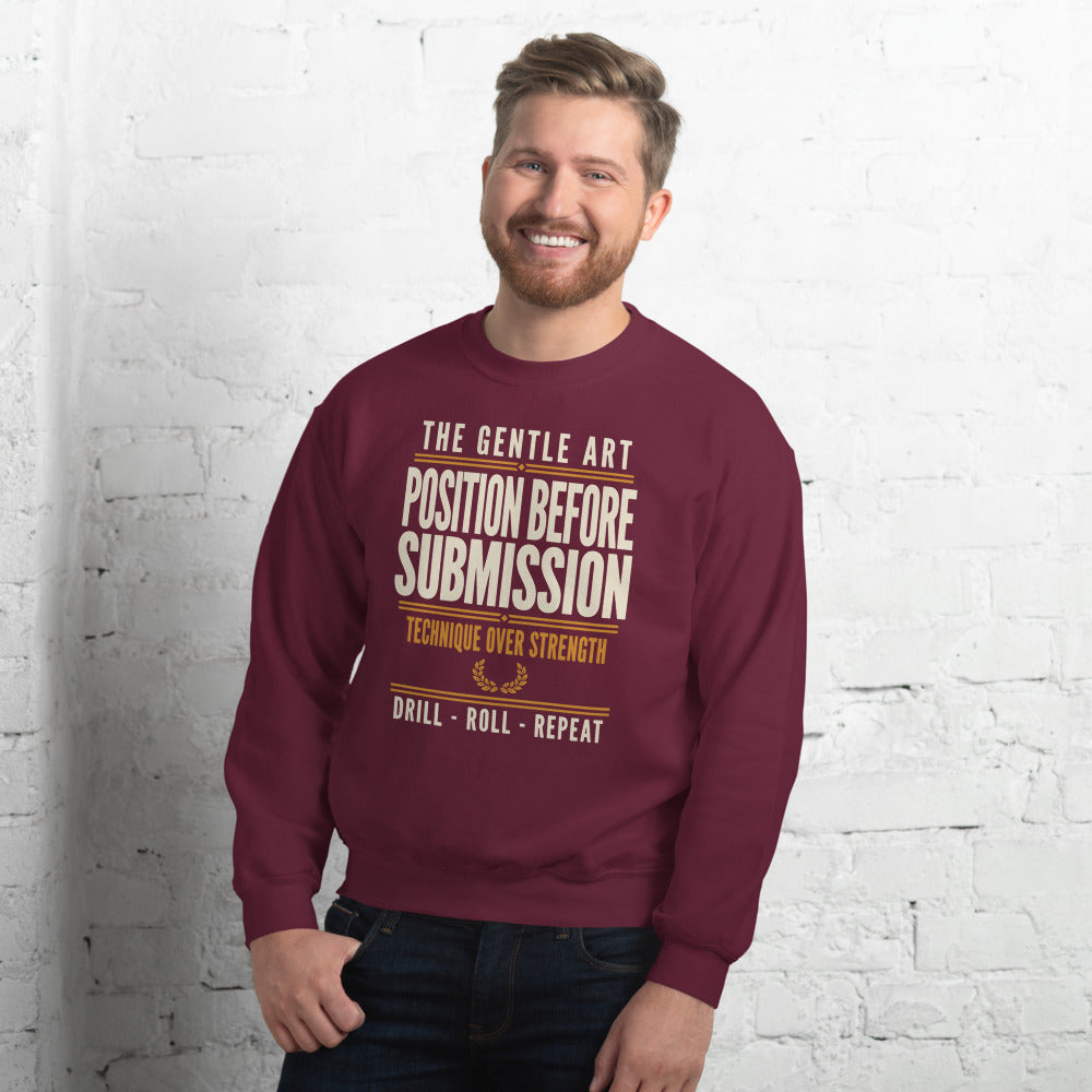 Position Before Submission Brazilian jiu jitsu sweatshirt — Maroon, on model