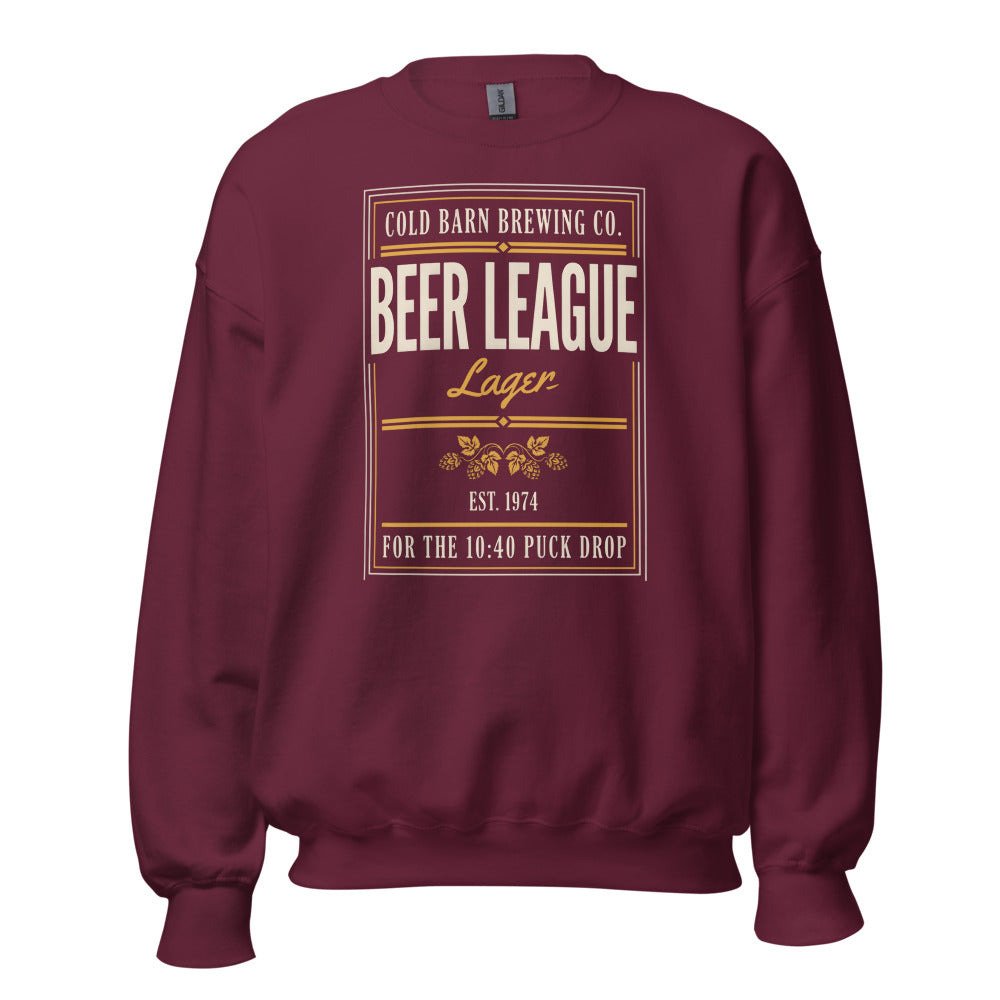 Beer League Cold Barn Brewing lager crewneck sweatshirt — Maroon, front
