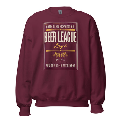 Beer League Cold Barn Brewing lager crewneck sweatshirt — Maroon, front