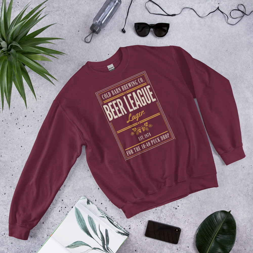 Beer League Cold Barn Brewing lager crewneck sweatshirt — Maroon, front-right