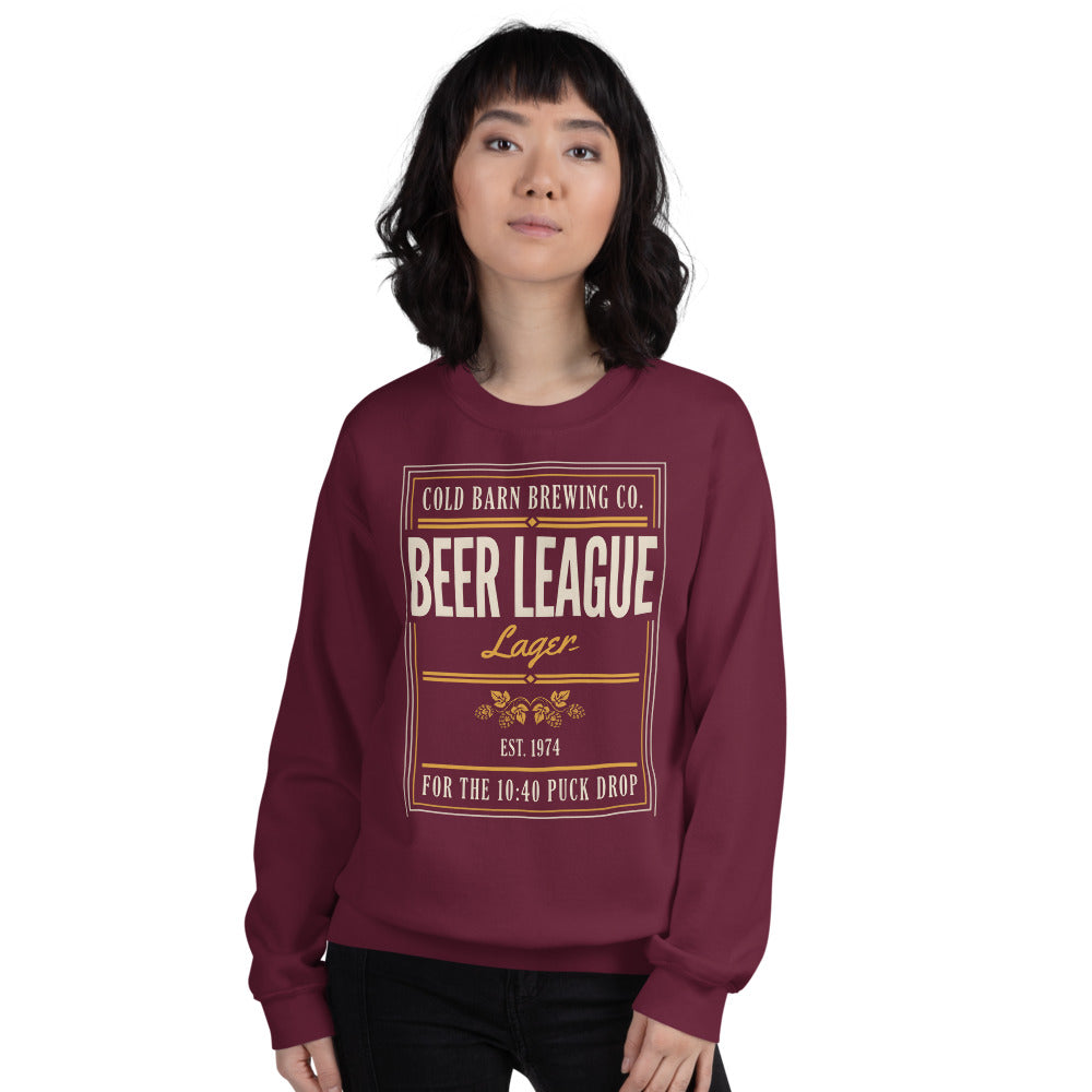 Beer League Cold Barn Brewing lager crewneck sweatshirt — Maroon, on model