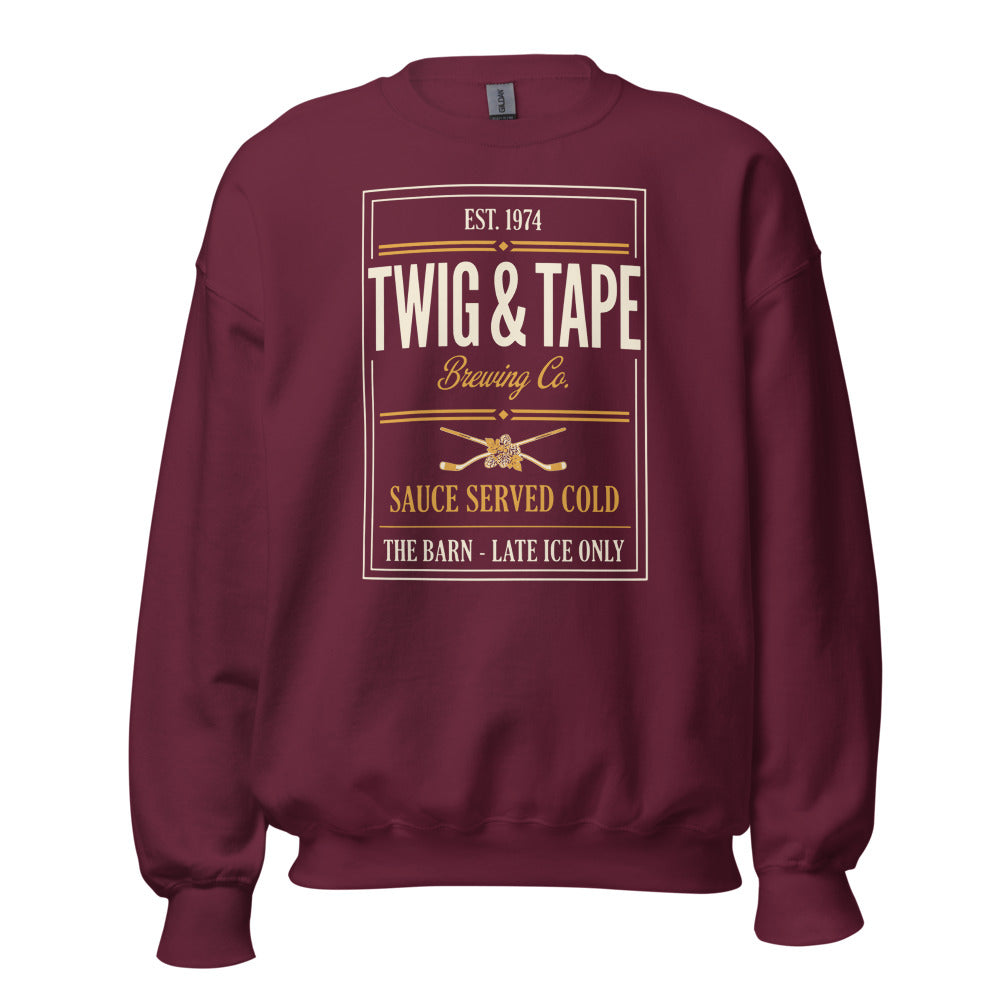 Twig and Tape Brewing Co. beer league hockey crewneck sweatshirt — Maroon, front