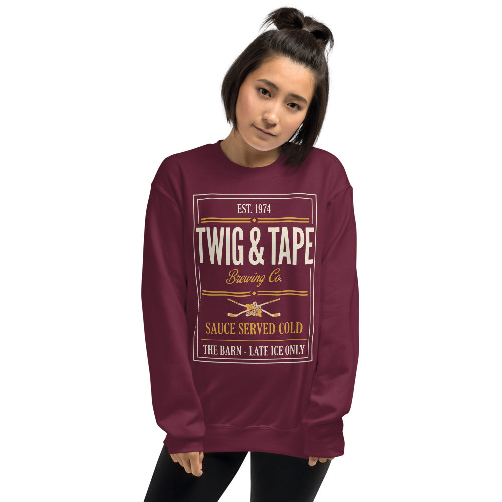 Twig and Tape Brewing Co. beer league hockey crewneck sweatshirt — Maroon, on model