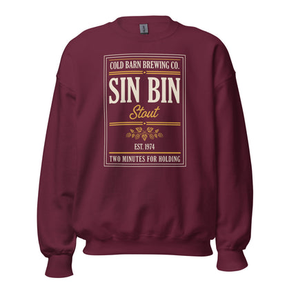 Beer League Sin Bin Stout brewery label crewneck sweatshirt — Maroon, front