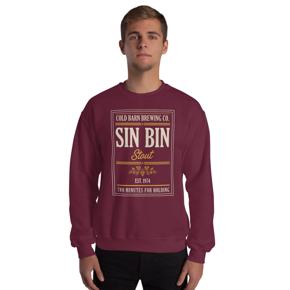 Beer League Sin Bin Stout brewery label crewneck sweatshirt — Maroon, on model