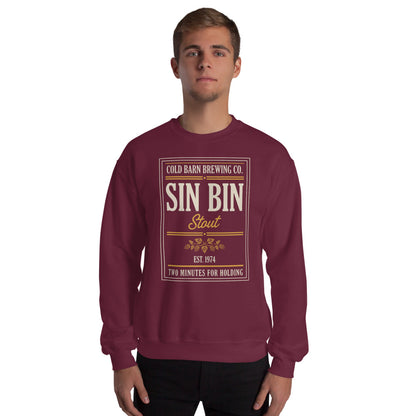 Beer League Sin Bin Stout brewery label crewneck sweatshirt — Maroon, on model