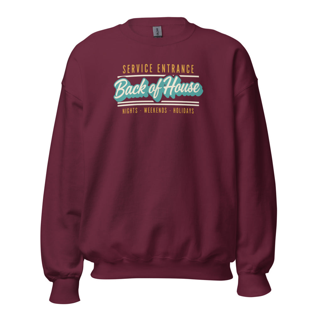 Back of House line cook retro diner service sign crewneck sweatshirt — Maroon, front