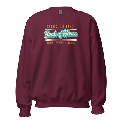 Back of House line cook retro diner service sign crewneck sweatshirt — Maroon, front