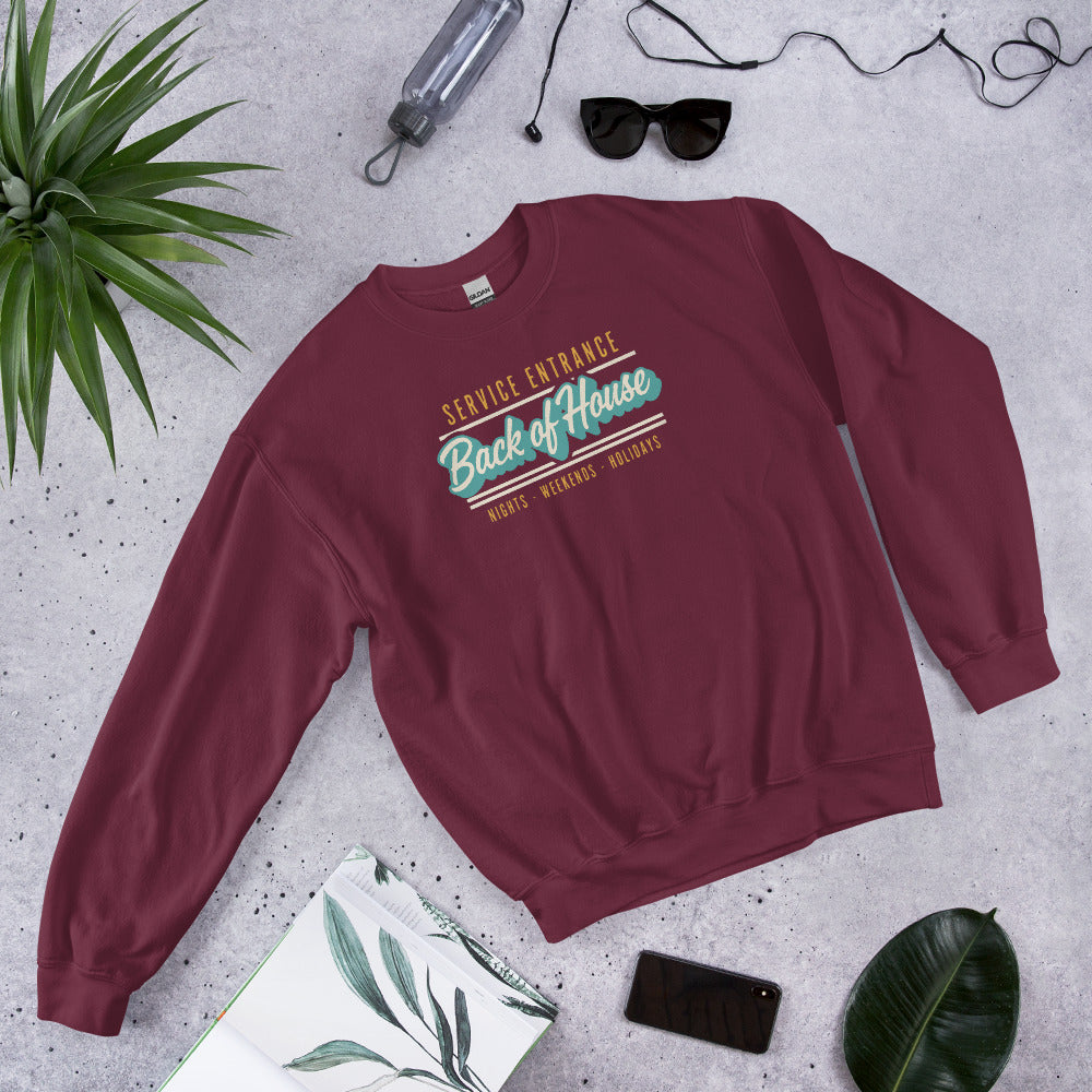 Back of House line cook retro diner service sign crewneck sweatshirt — Maroon, flat lay