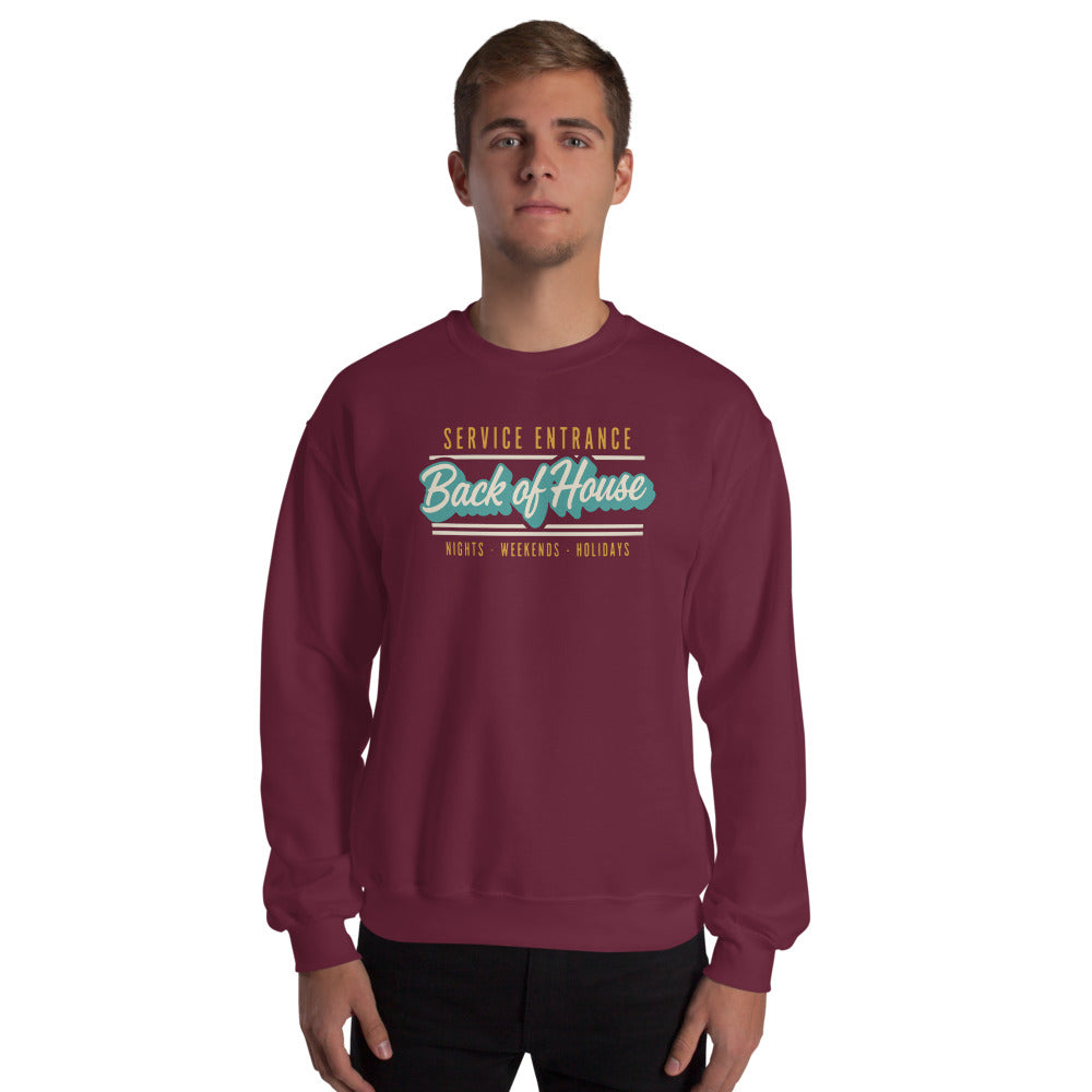 Back of House line cook retro diner service sign crewneck sweatshirt — Maroon, on model