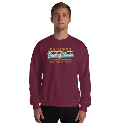 Back of House line cook retro diner service sign crewneck sweatshirt — Maroon, on model