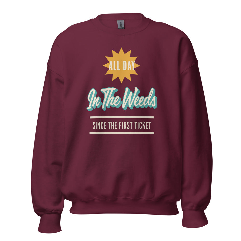In The Weeds line cook retro diner service sign crewneck sweatshirt — Maroon, front