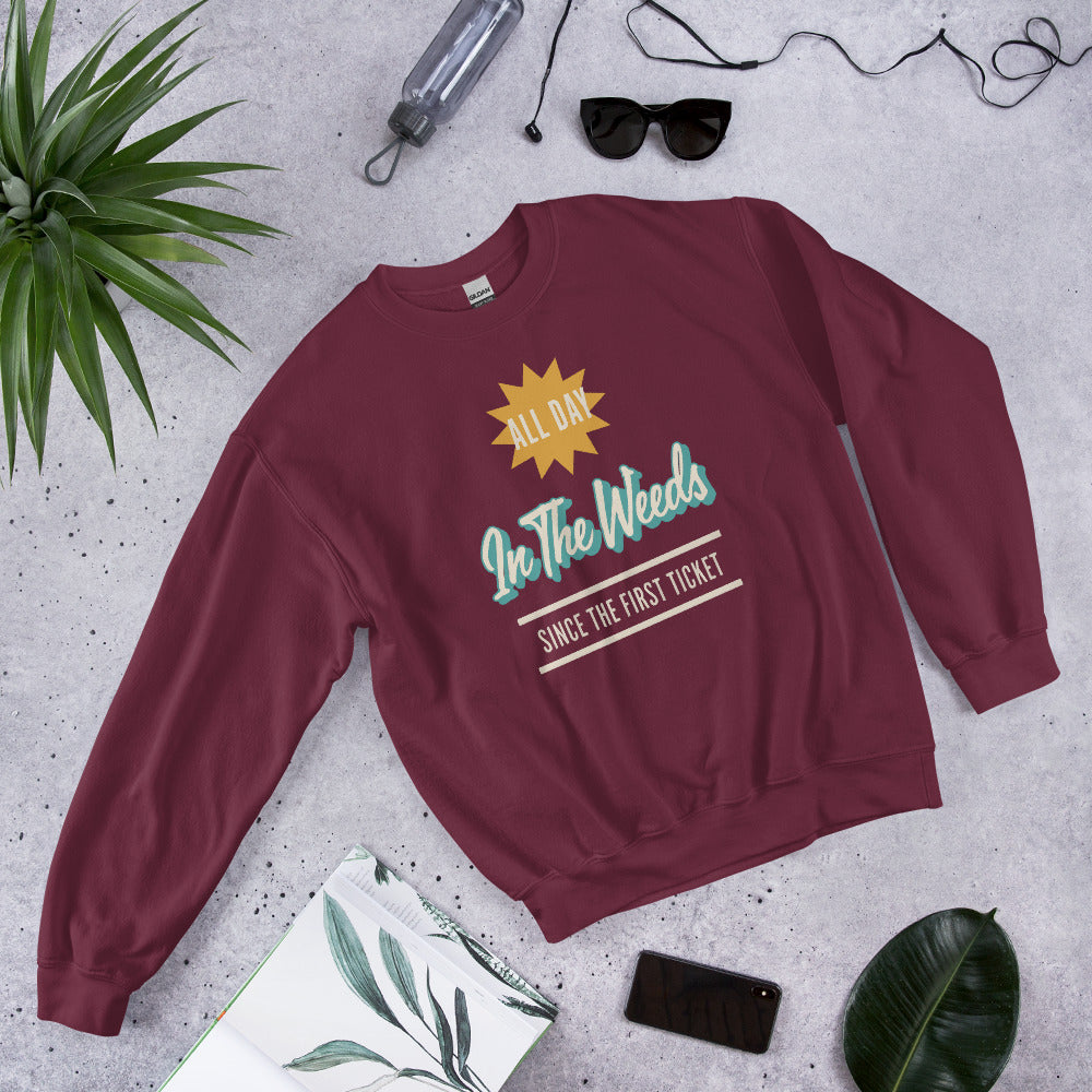 In The Weeds line cook retro diner service sign crewneck sweatshirt — Maroon, flat lay