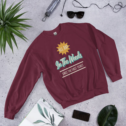 In The Weeds line cook retro diner service sign crewneck sweatshirt — Maroon, flat lay