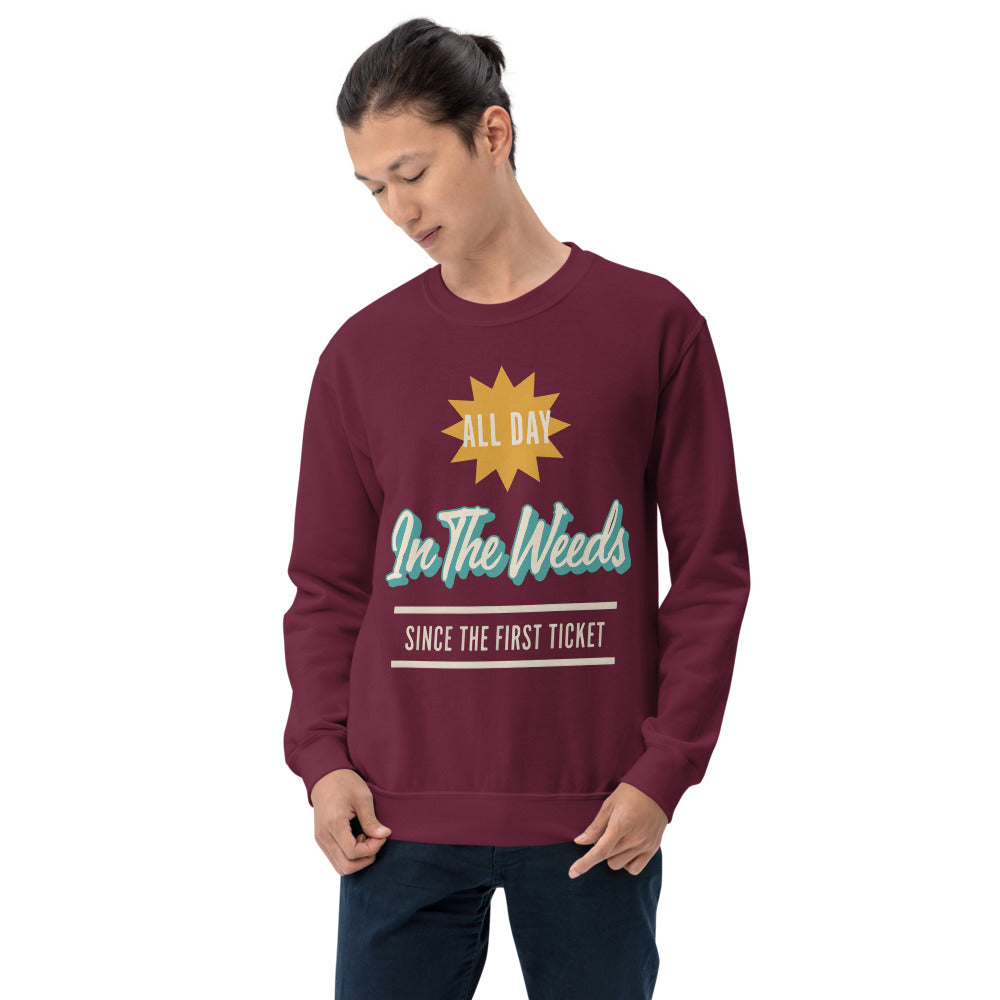 In The Weeds line cook retro diner service sign crewneck sweatshirt — Maroon, on model