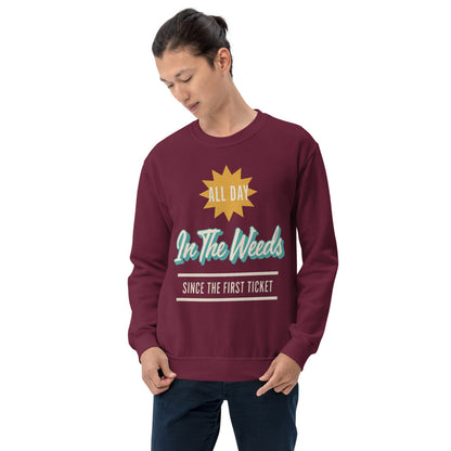 In The Weeds line cook retro diner service sign crewneck sweatshirt — Maroon, on model