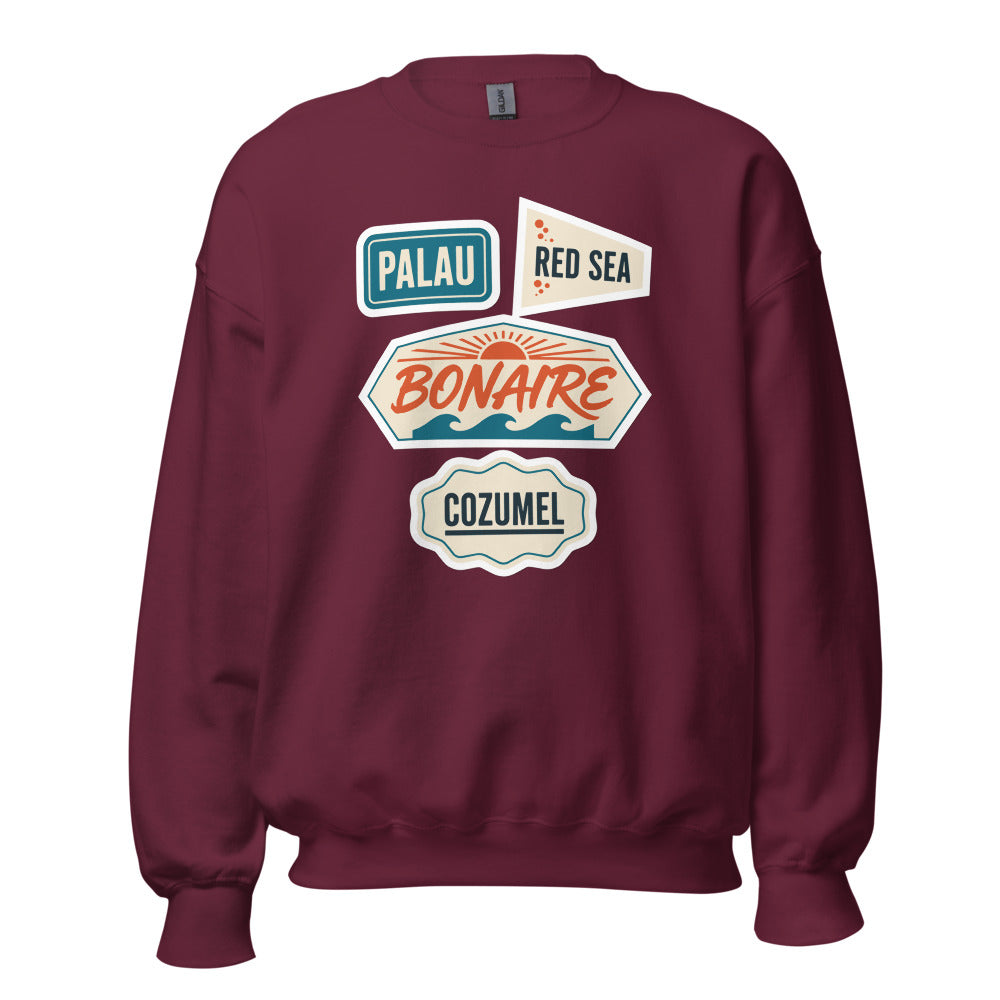 Vintage scuba diving dive sites travel decal sweatshirt — Maroon, front