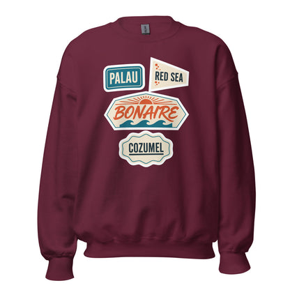 Vintage scuba diving dive sites travel decal sweatshirt — Maroon, front