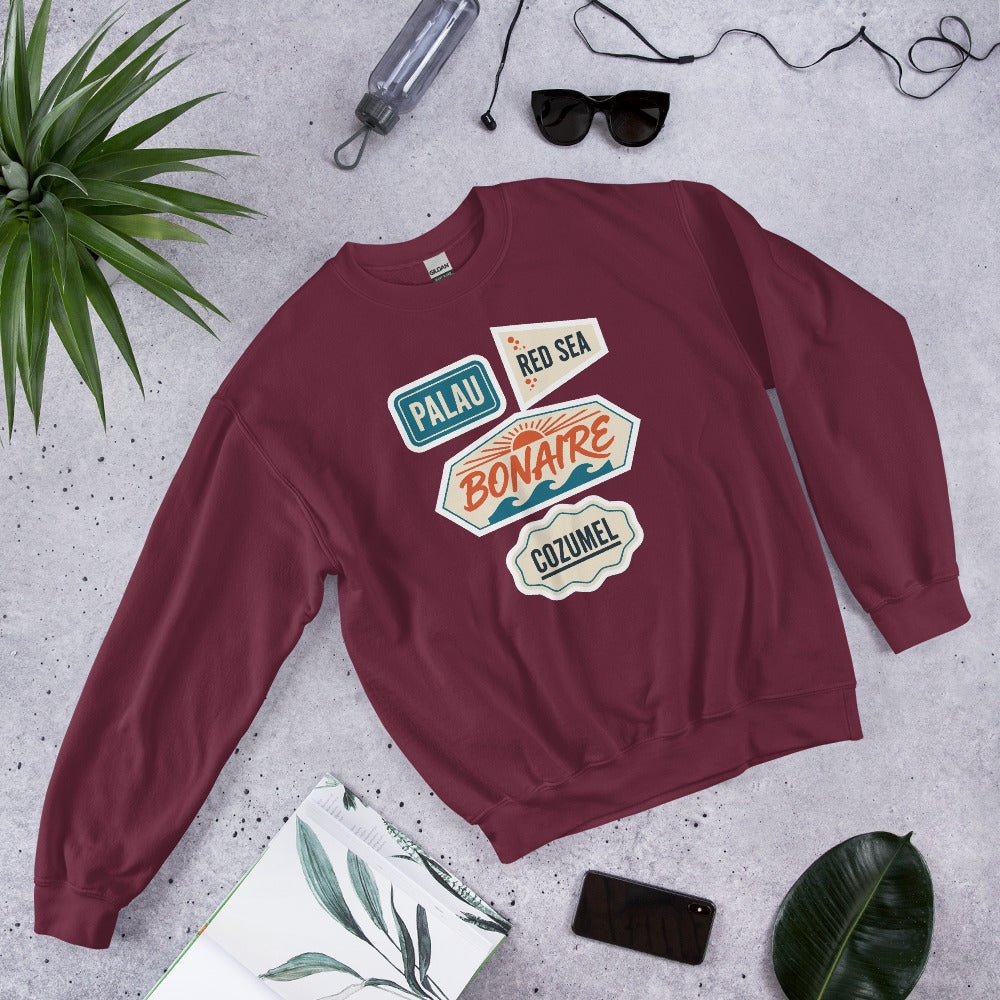 Vintage scuba diving dive sites travel decal sweatshirt — Maroon, flat lay