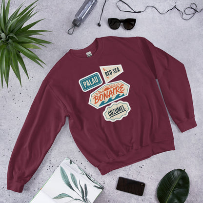 Vintage scuba diving dive sites travel decal sweatshirt — Maroon, flat lay