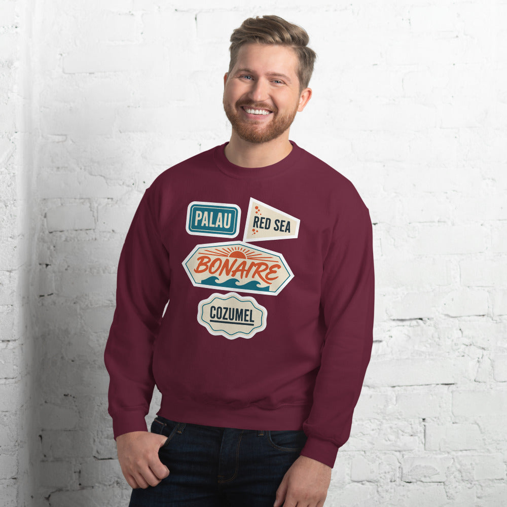 Vintage scuba diving dive sites travel decal sweatshirt — Maroon, on model