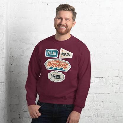 Vintage scuba diving dive sites travel decal sweatshirt — Maroon, on model