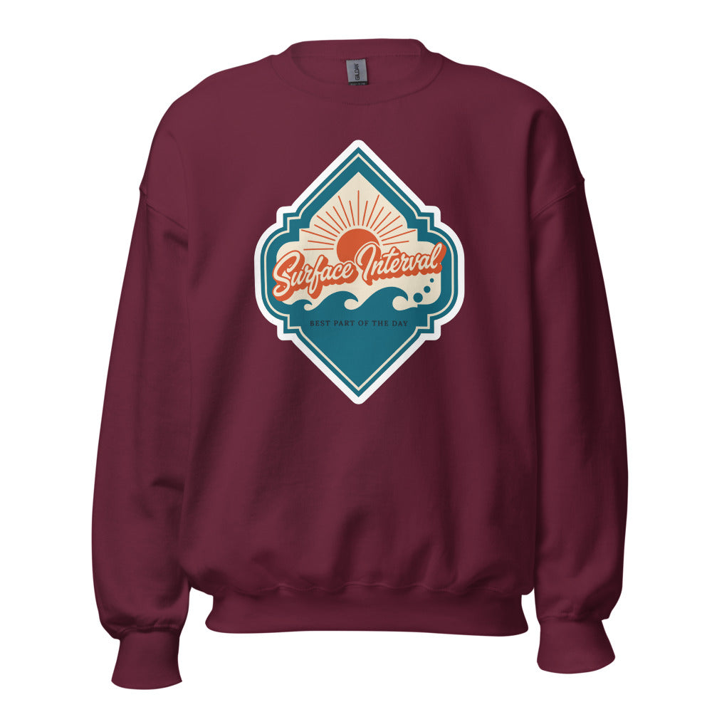 Surface Interval vintage scuba diving travel decal sweatshirt — Maroon, front