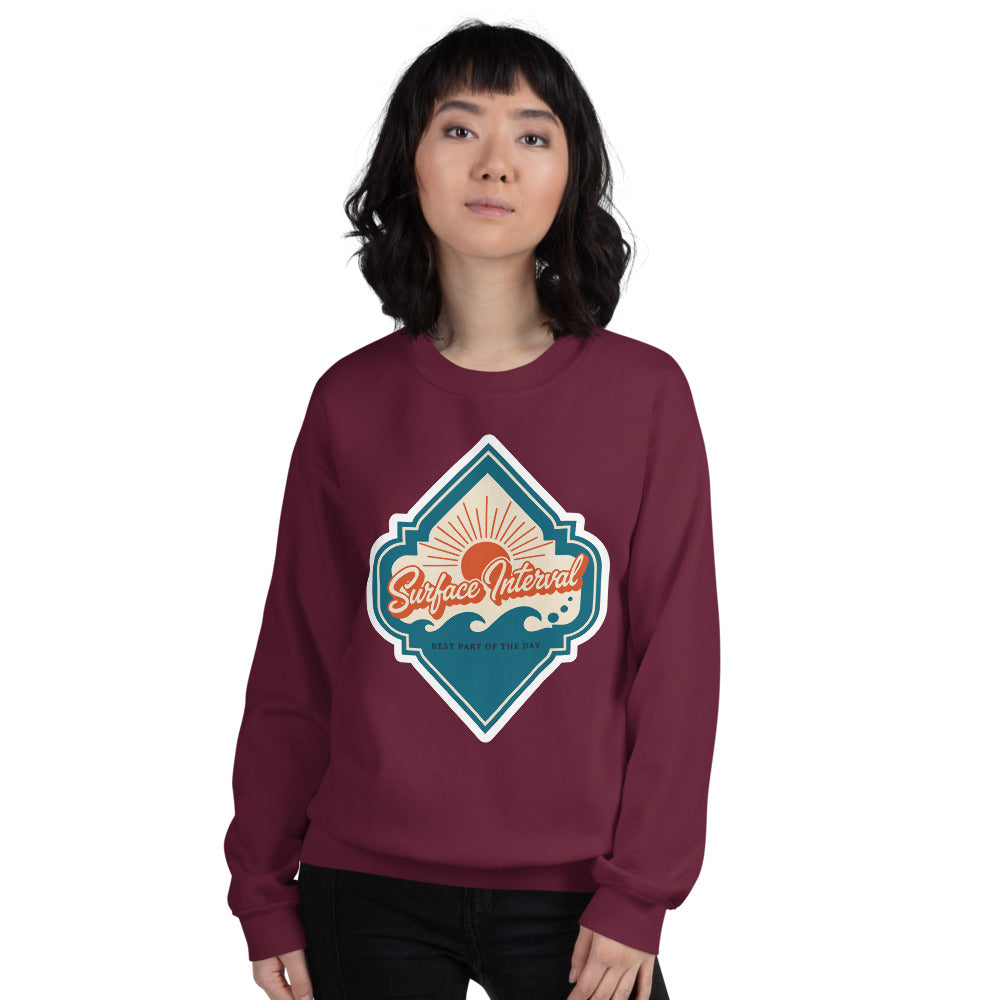 Surface Interval vintage scuba diving travel decal sweatshirt — Maroon, on model