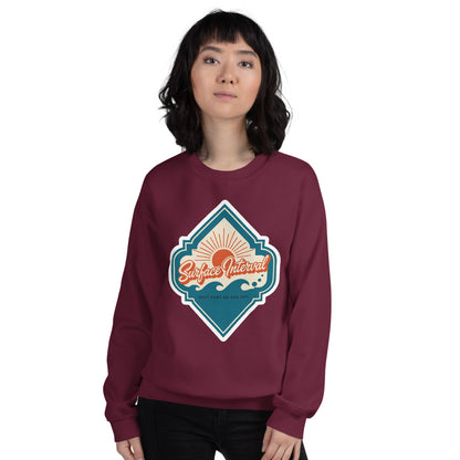 Surface Interval vintage scuba diving travel decal sweatshirt — Maroon, on model