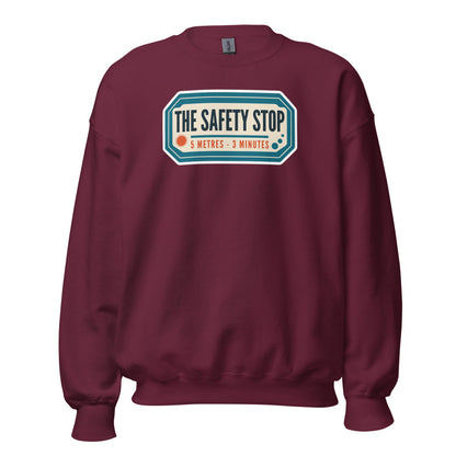The Safety Stop vintage scuba diving travel decal sweatshirt — Maroon, front