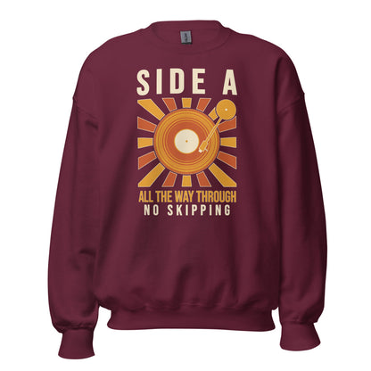 Side A No Skipping vinyl record crewneck sweatshirt — Maroon, front