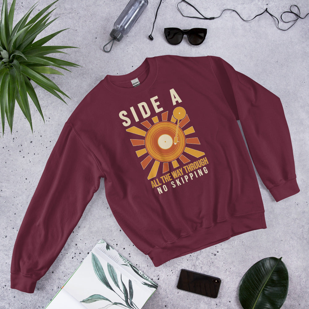 Side A No Skipping vinyl record crewneck sweatshirt — Maroon, flat lay