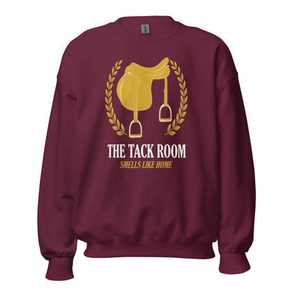 The Tack Room engraved equestrian saddle crest crewneck sweatshirt — Maroon, front