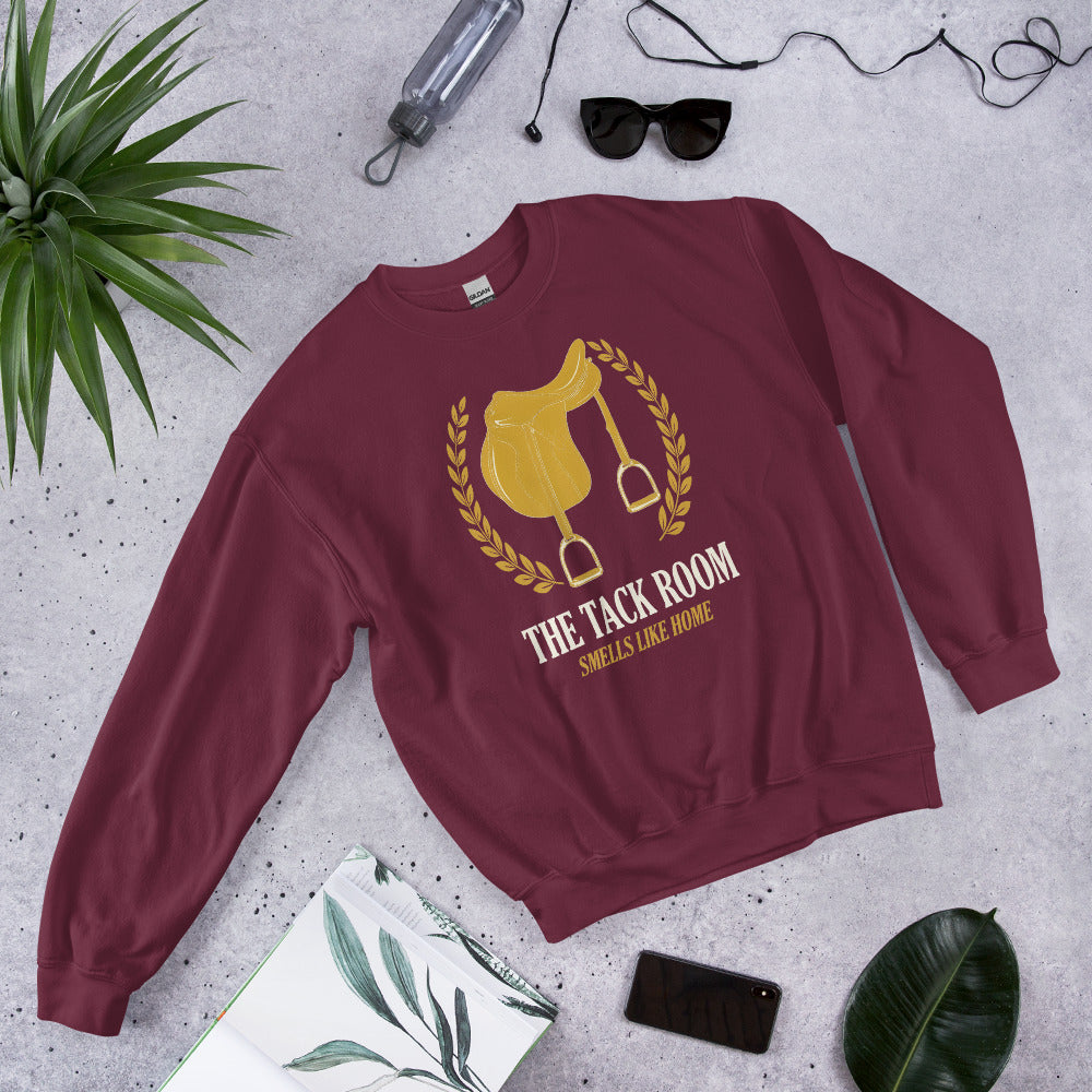 The Tack Room engraved equestrian saddle crest crewneck sweatshirt — Maroon, flat lay