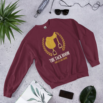 The Tack Room engraved equestrian saddle crest crewneck sweatshirt — Maroon, flat lay