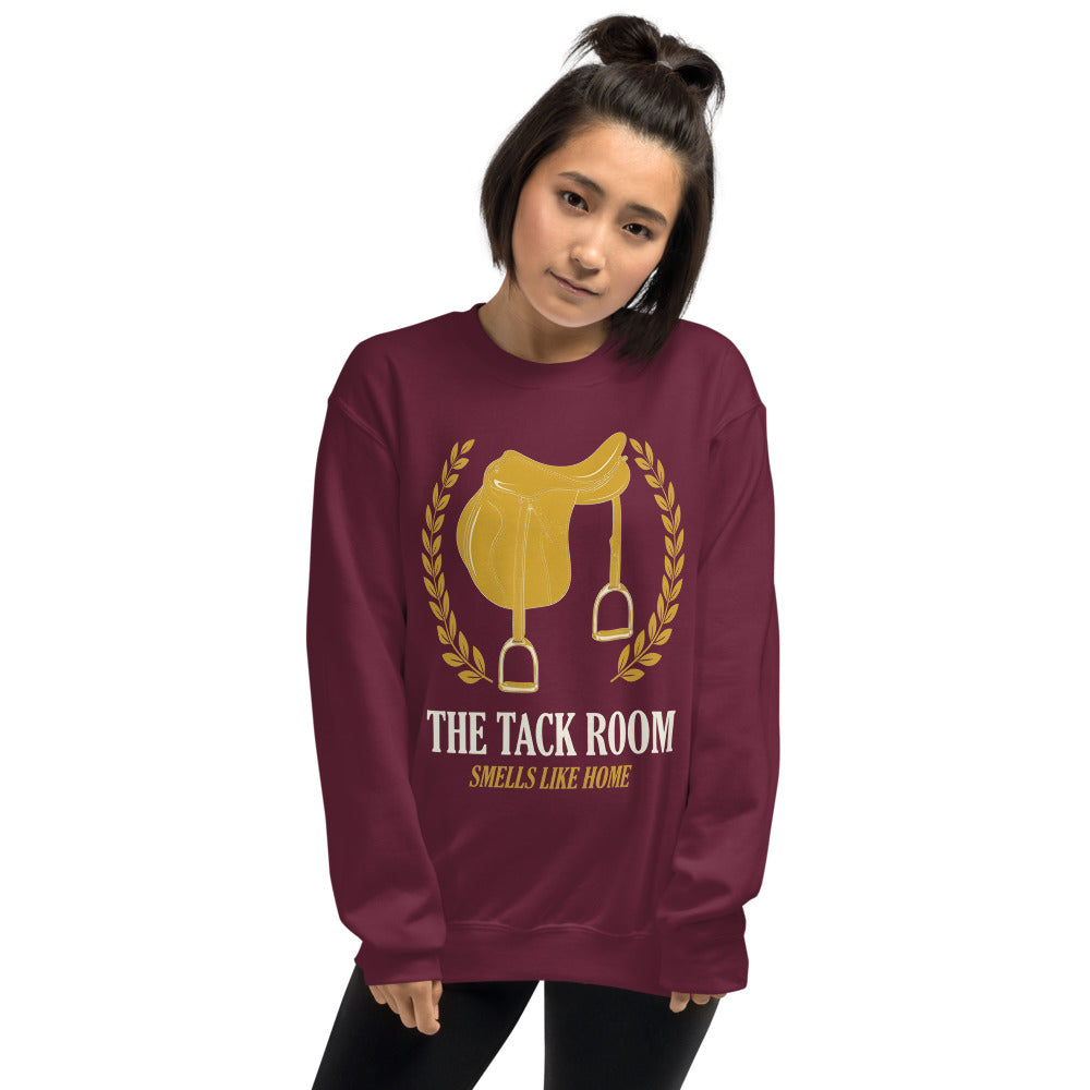 The Tack Room engraved equestrian saddle crest crewneck sweatshirt — Maroon, on model