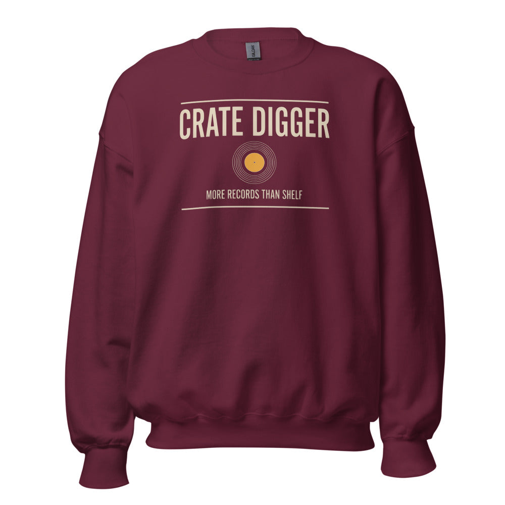 Crate Digger vinyl record crewneck sweatshirt — Maroon, front