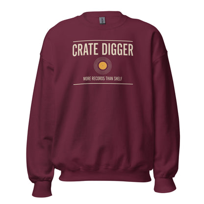 Crate Digger vinyl record crewneck sweatshirt — Maroon, front