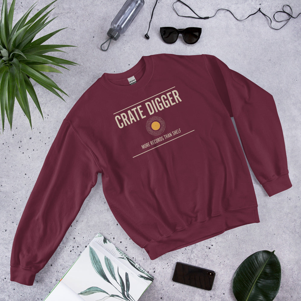 Crate Digger vinyl record crewneck sweatshirt — Maroon, flat lay