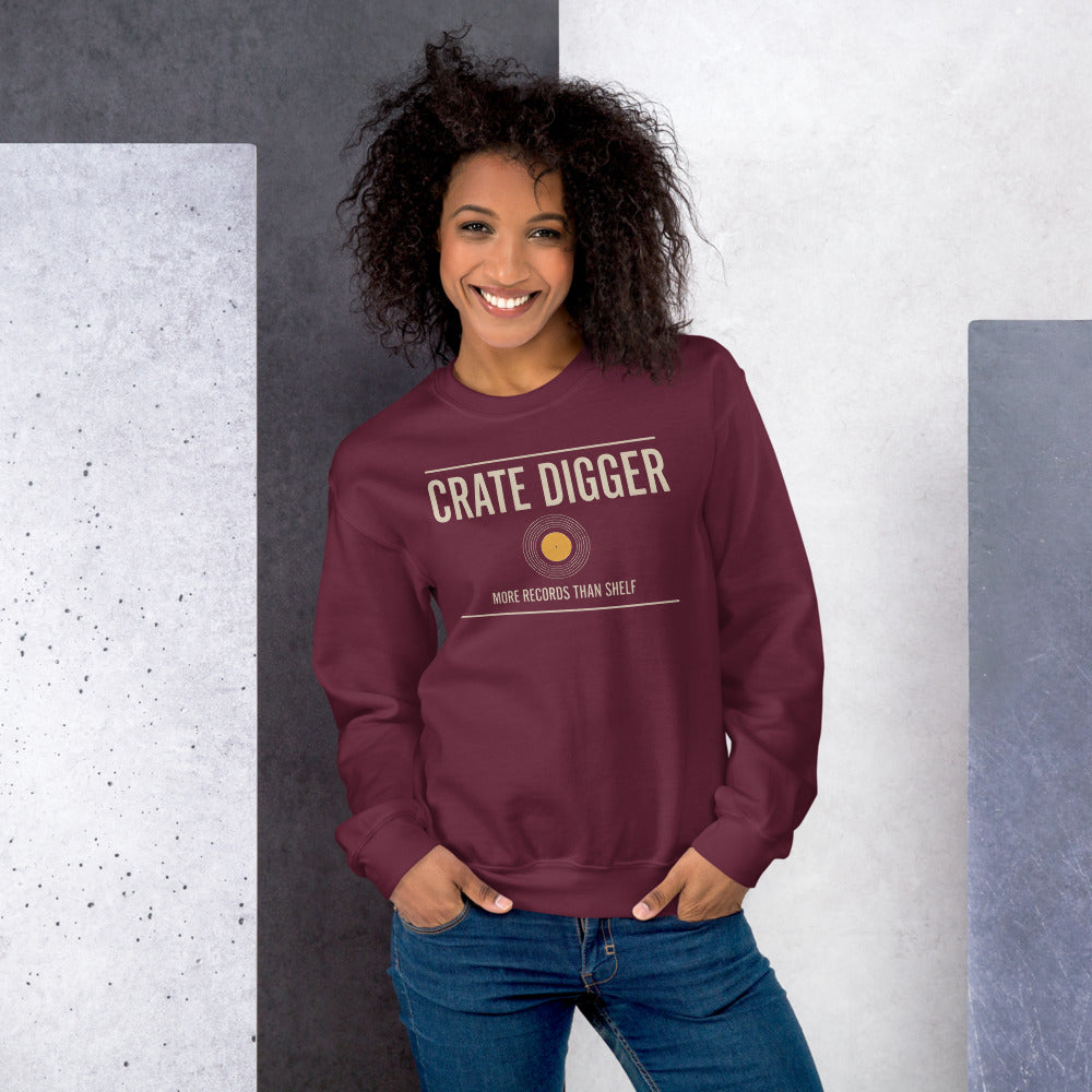 Crate Digger vinyl record crewneck sweatshirt — Maroon, on model