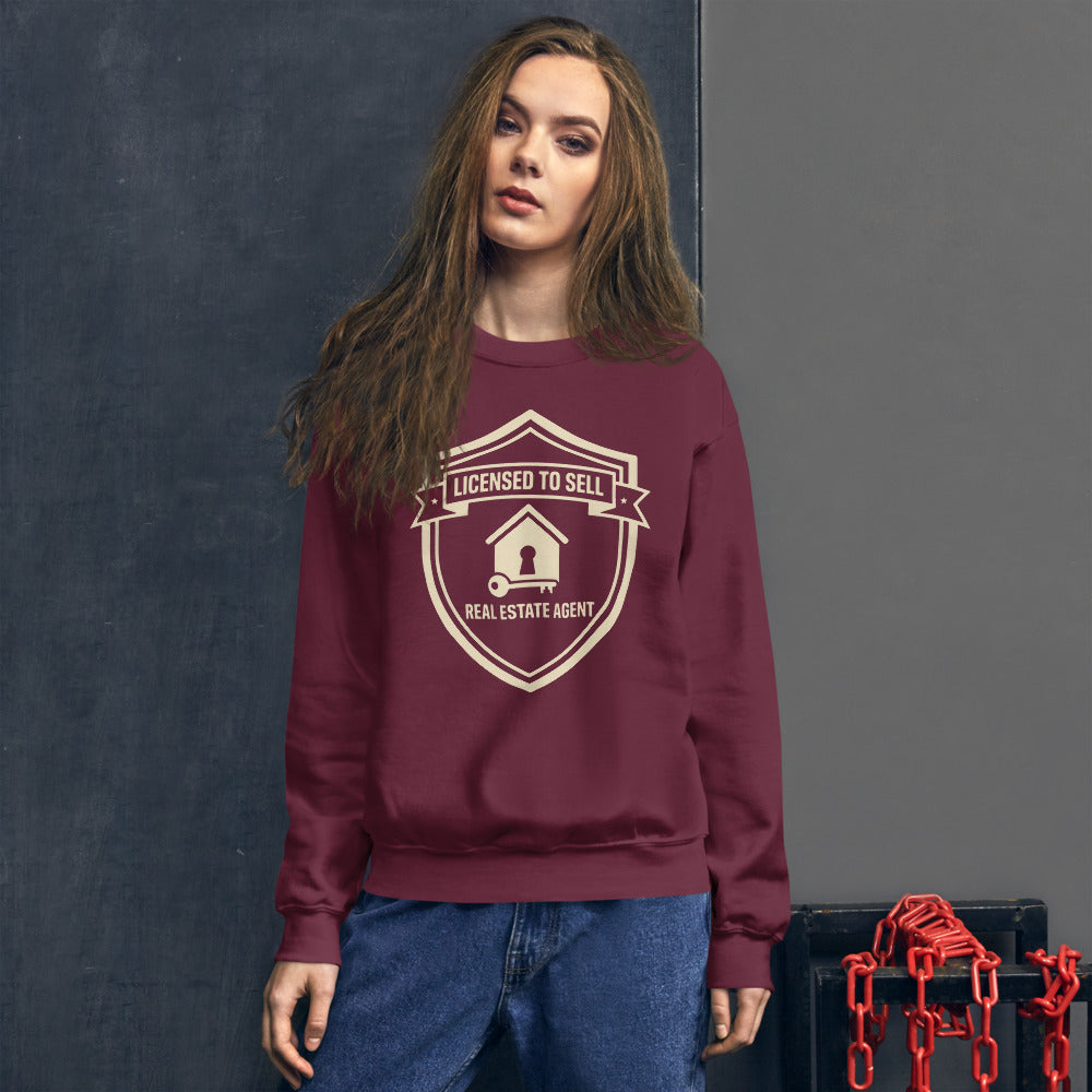 Licensed to Sell real estate agent crewneck sweatshirt — Maroon, on model