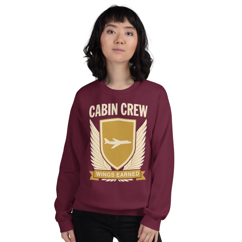 Wings Earned flight attendant crewneck sweatshirt — Maroon, on model