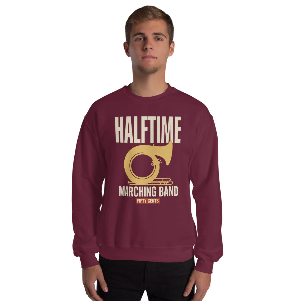 Official Halftime vintage marching band crewneck sweatshirt — Maroon, on model