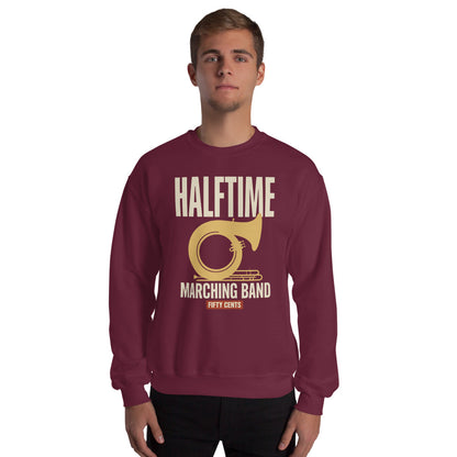 Official Halftime vintage marching band crewneck sweatshirt — Maroon, on model